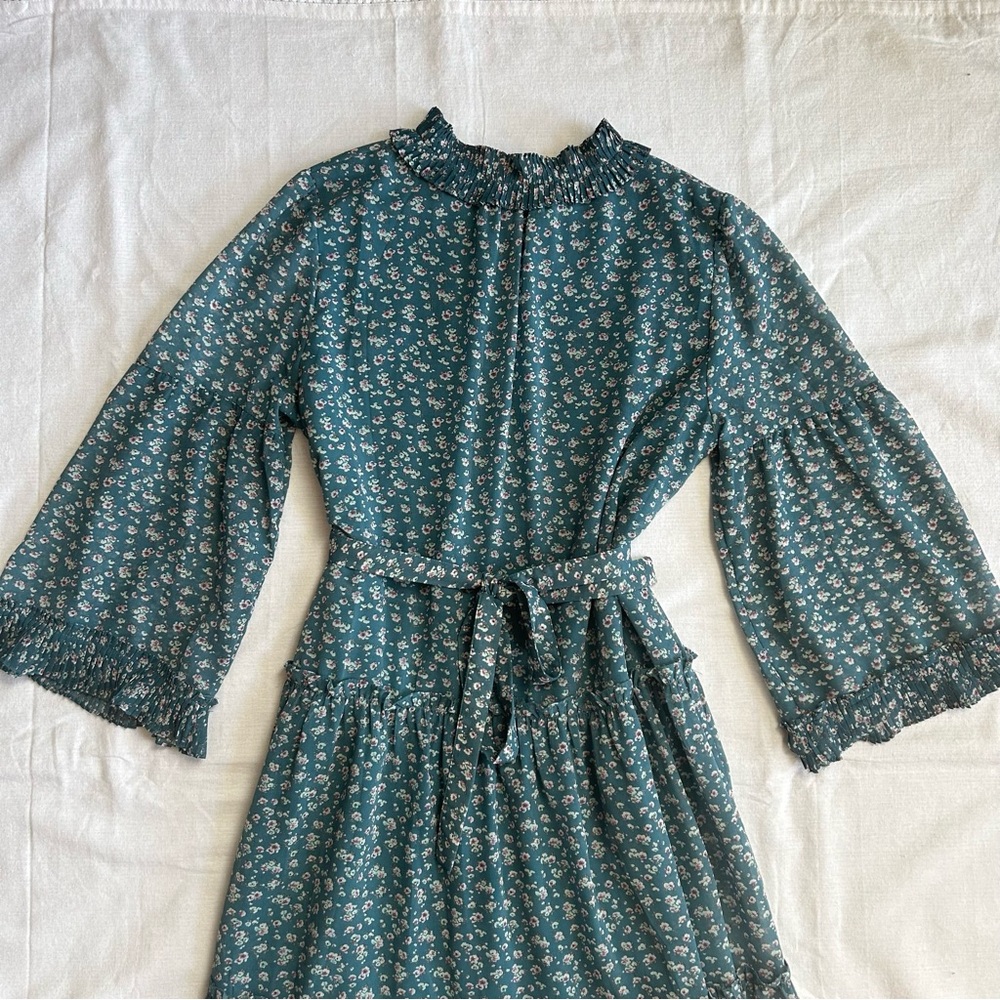 INA | Blue Long Sleeve Floral Flowy Ruffled Dress Tied Waist Women’s size Large